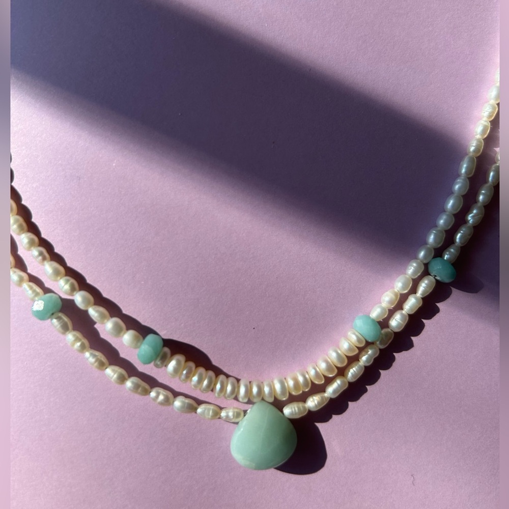 Necklace 2-strand Aqua Amazonite, faux ? white Rice Freshwater Pearls 15”